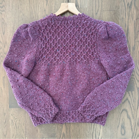 Vintage Hand Knit Wool Puff Sleeve Cardigan Sweater in Purple Blue Melange Small - Picture 9 of 9